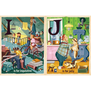 Two illustrated pages with characters and text, one labeled 'I is for inquisitive' and the other 'J is for jolly'.