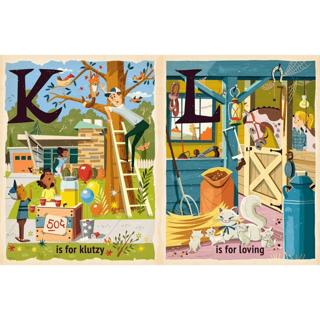 Two illustrated pages with letters 'K' and 'L', depicting characters and scenes.