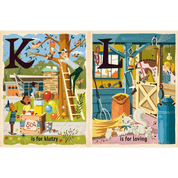 Two illustrated pages with letters 'K' and 'L', depicting characters and scenes.