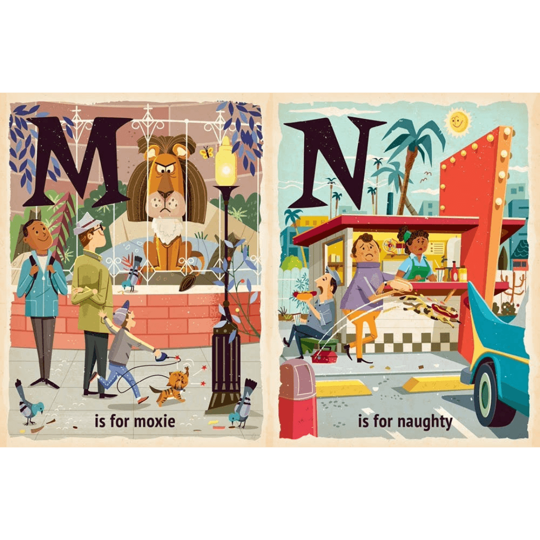 Illustrated alphabet pages with 'M' and 'N' on a beige background
