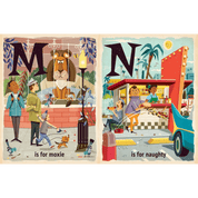 Illustrated alphabet pages with 'M' and 'N' on a beige background