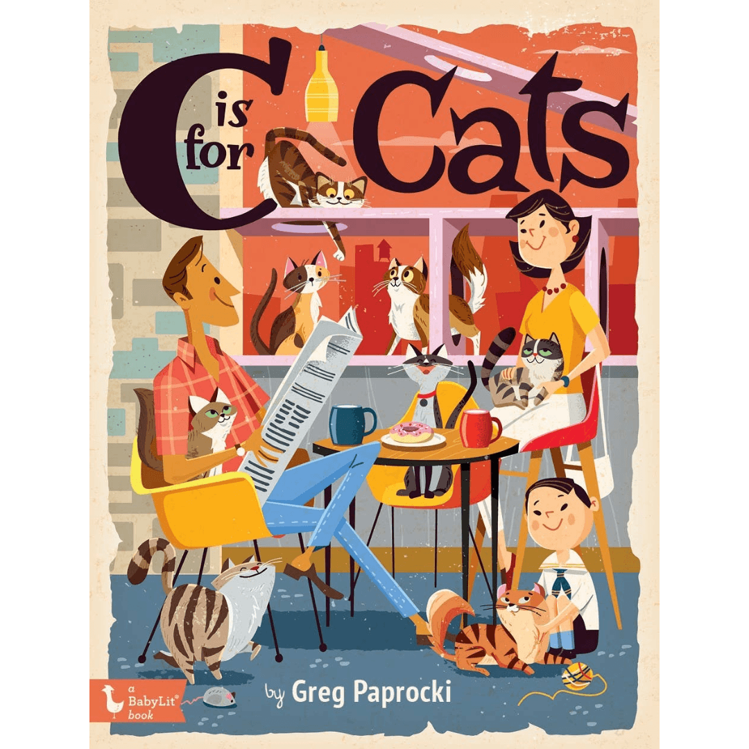 Book cover of 'C is for Cats' with people and cats in a cafe setting.