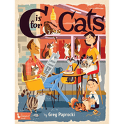 Book cover of 'C is for Cats' with people and cats in a cafe setting.