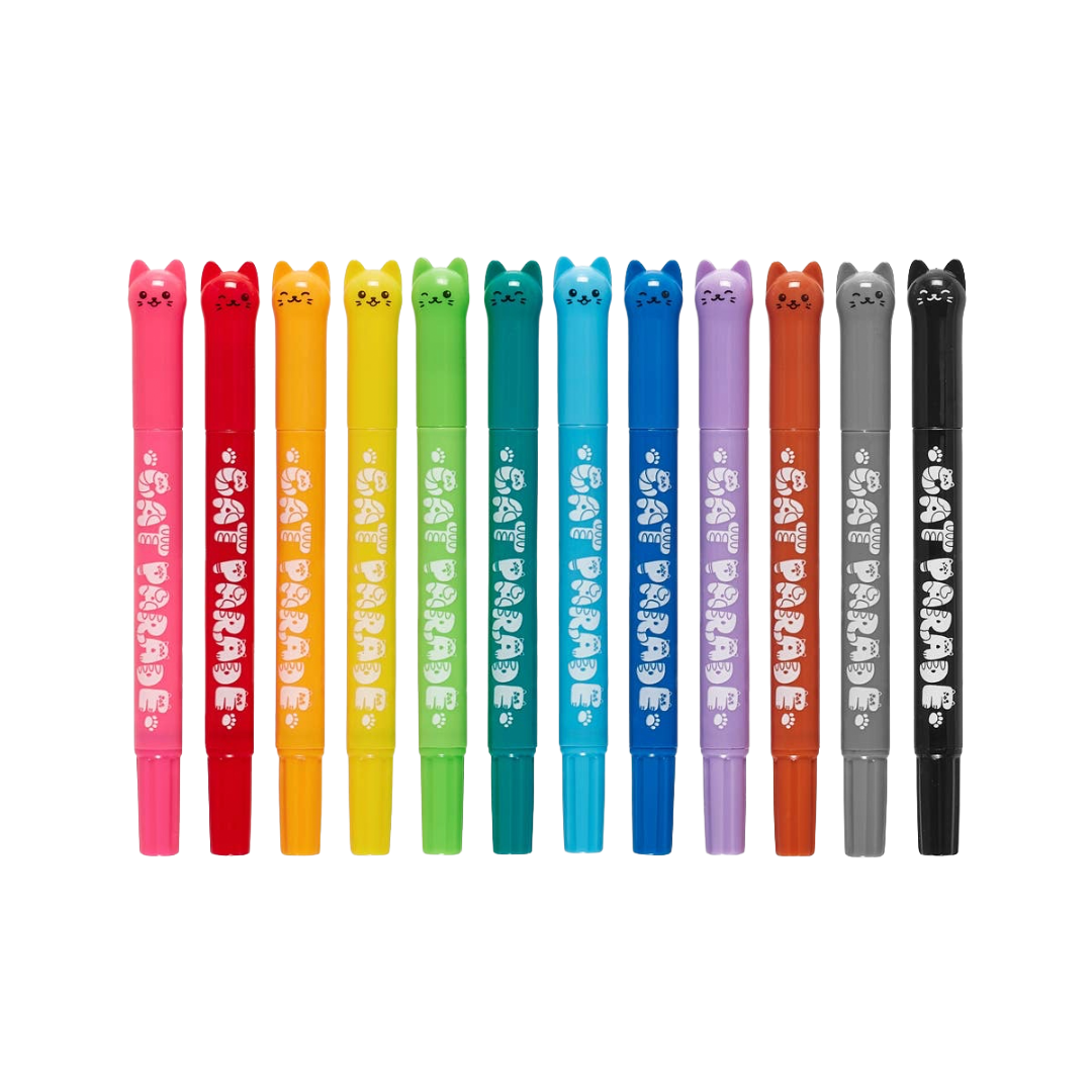 Set of colorful pens with cat-shaped ends.