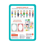 Magnetic dress-up toy packaging with illustrations of figures and accessories on a white background.
