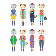 Illustrations of cats in various outfits.