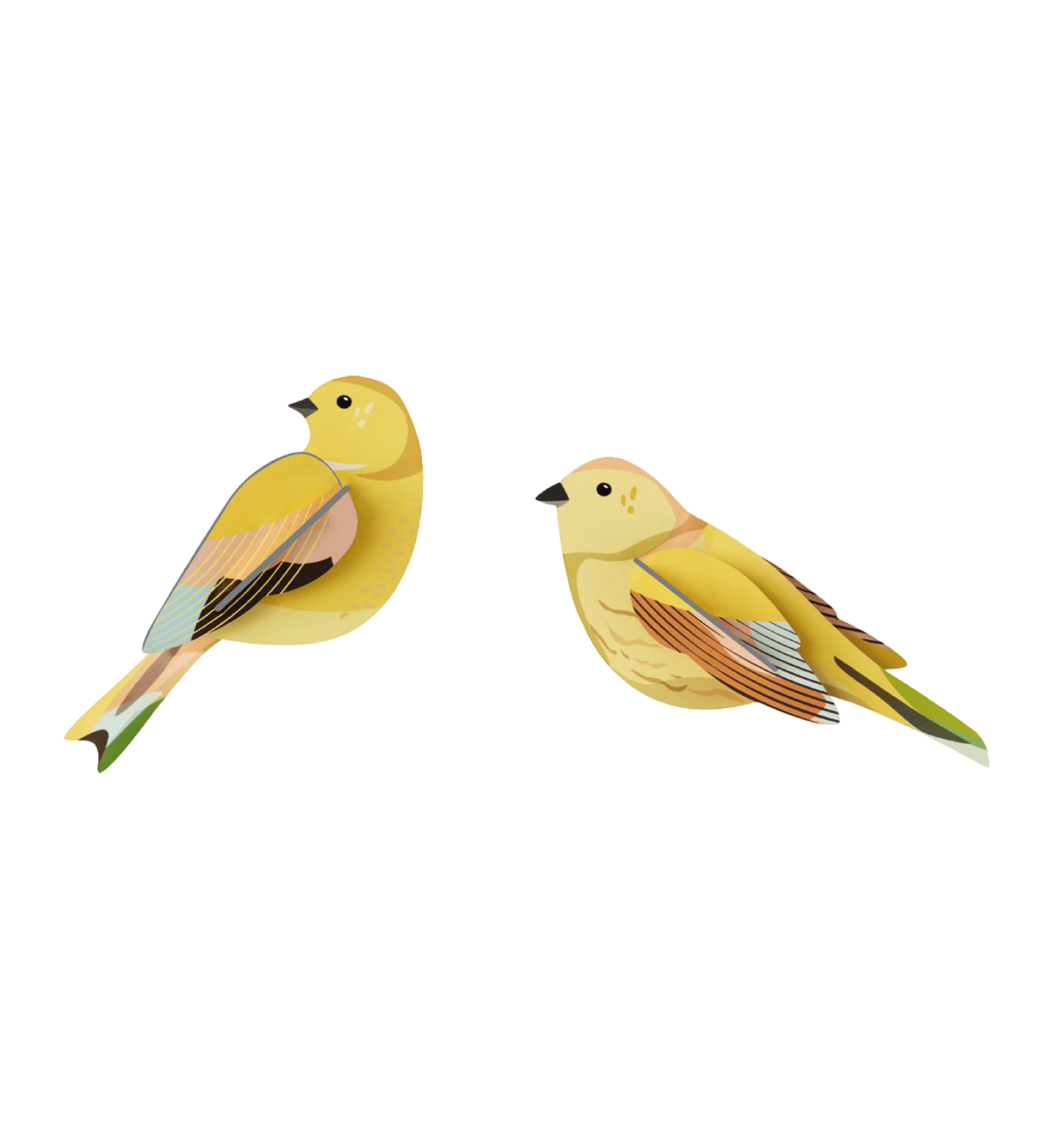 Two yellow bird cardboard figurines. 