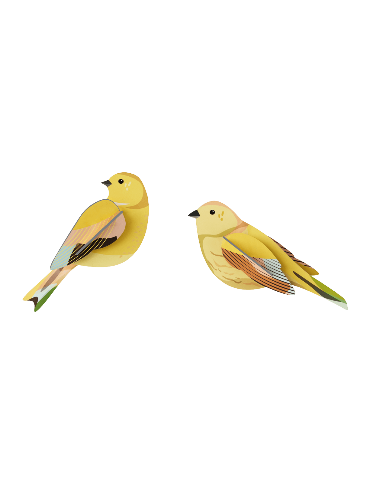 Two yellow bird cardboard figurines. 