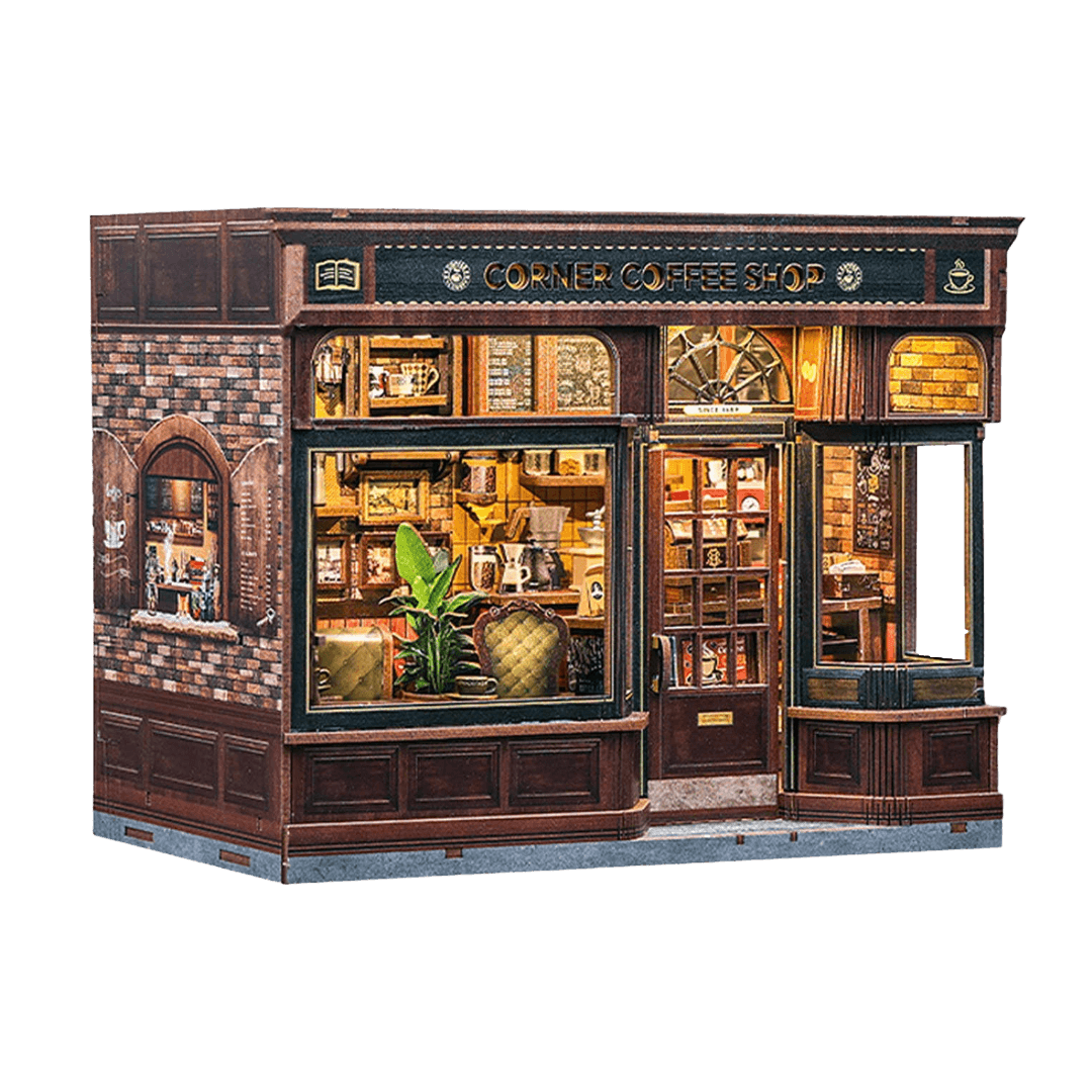 Model of a vintage corner coffee shop with detailed and illuminated interior and 'Corner Coffee Shop' sign.