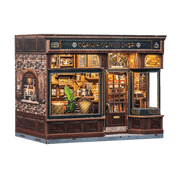 Model of a vintage corner coffee shop with detailed and illuminated interior and 'Corner Coffee Shop' sign.
