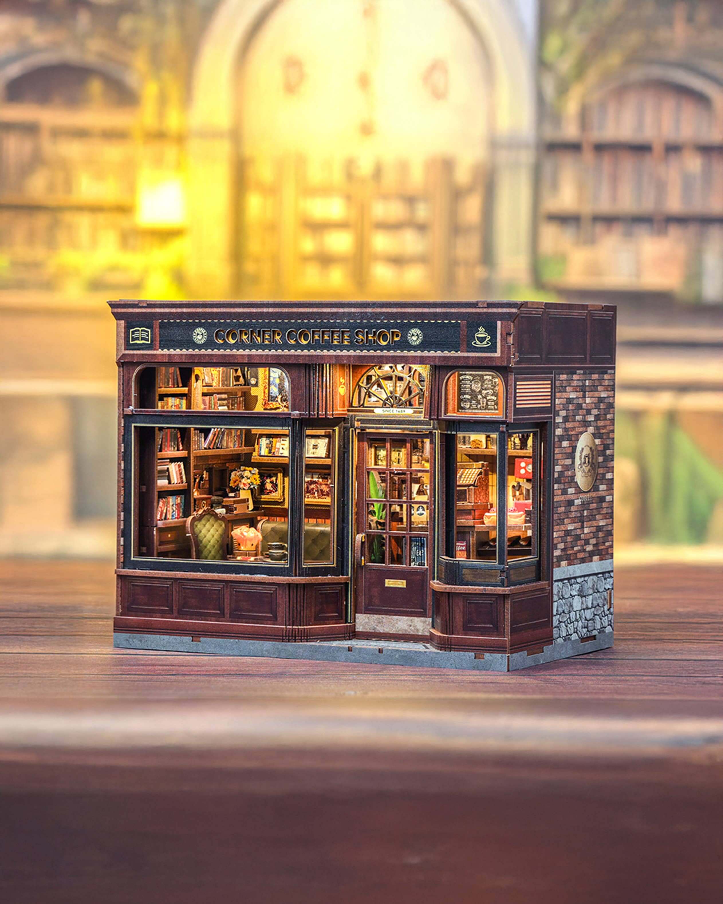 Model of a vintage bookshop with a blurred background