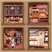 Four framed miniature dioramas of a coffee shop interior.