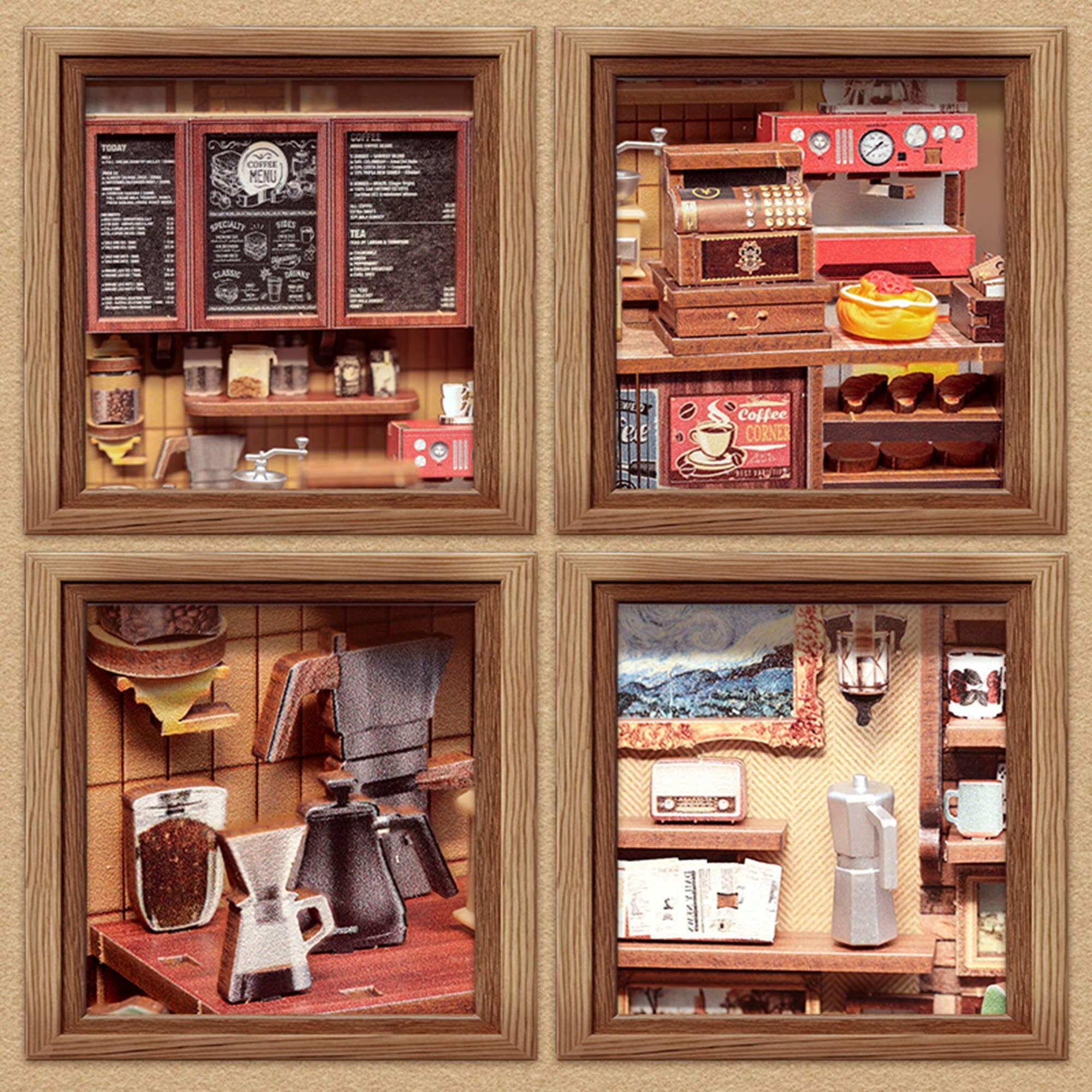 Four framed miniature dioramas of a coffee shop interior.