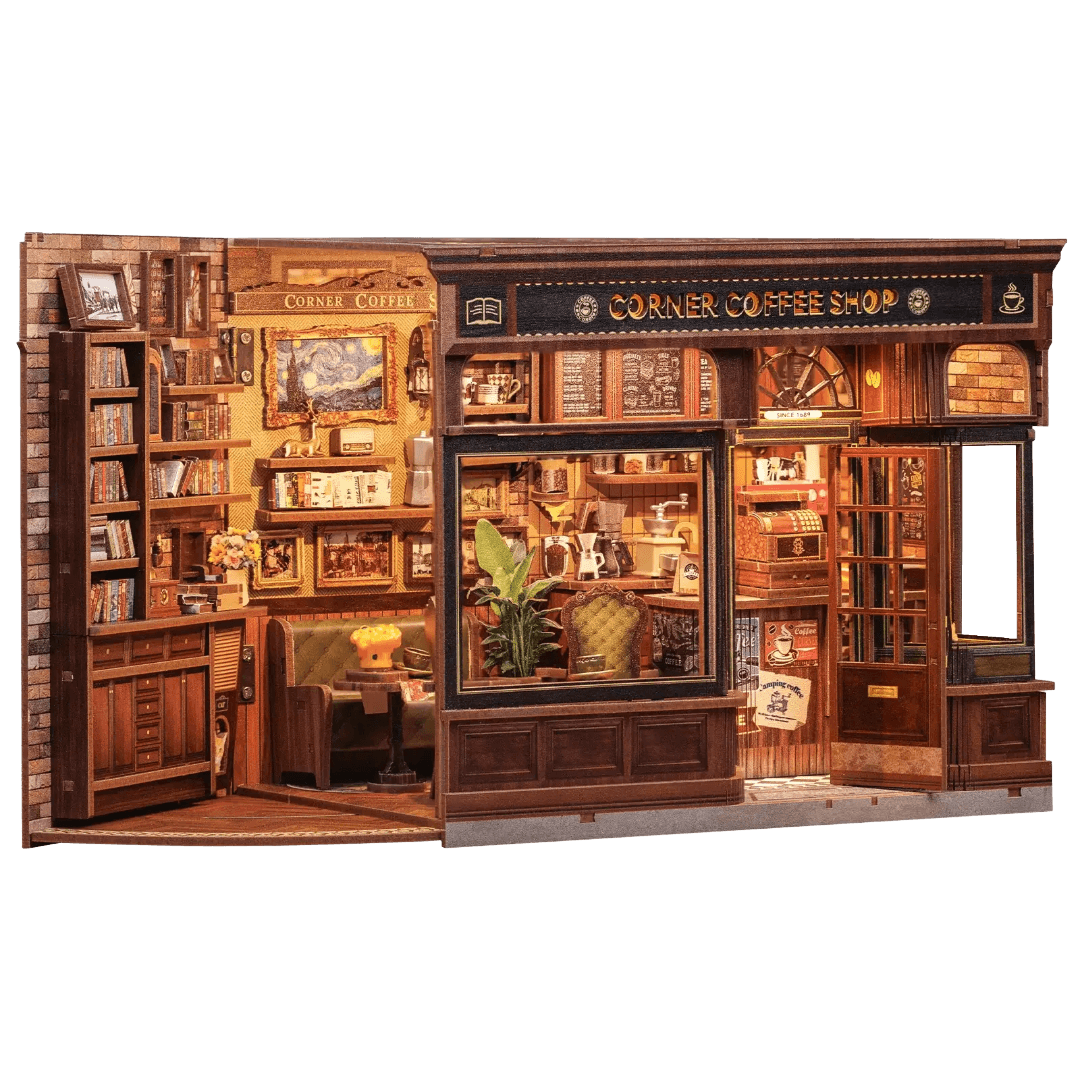 Model of a corner coffee shop with wooden interior and furniture.