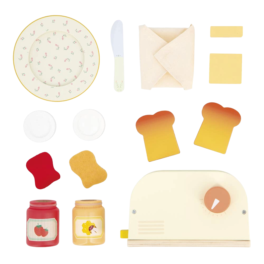 Set of toy food items including a plate, bread, and toaster.