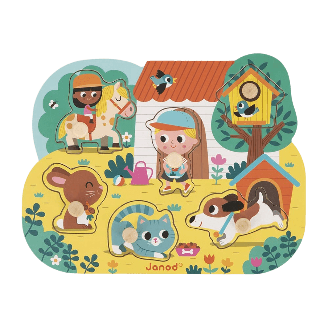 Children's puzzle with animal illustrations and Janod branding