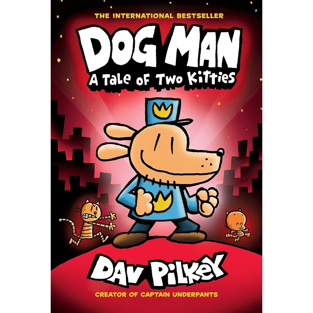 Book cover of 'Dog Man: A Tale of Two Kitties' by Dav Pilkey with a dog character and cat illustrations.