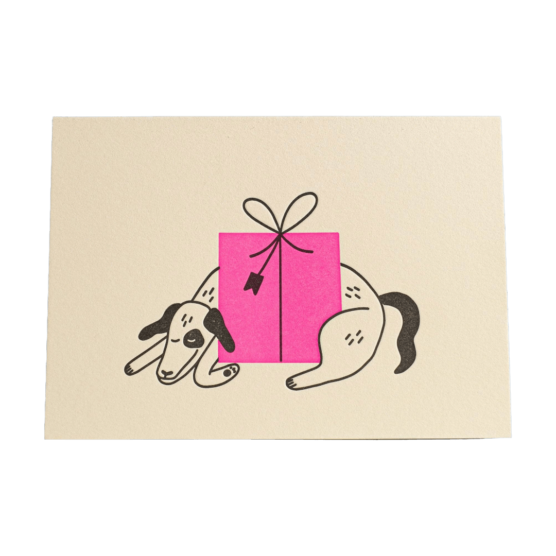 Illustration of a dog holding a pink gift box on a beige background