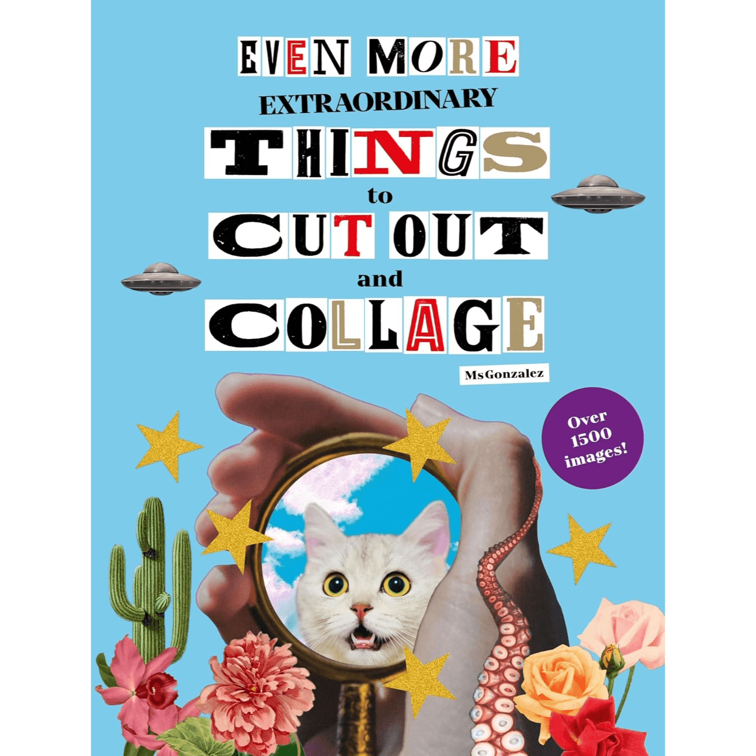 Book cover with a collage of a cat, flowers, and other elements on a blue background.