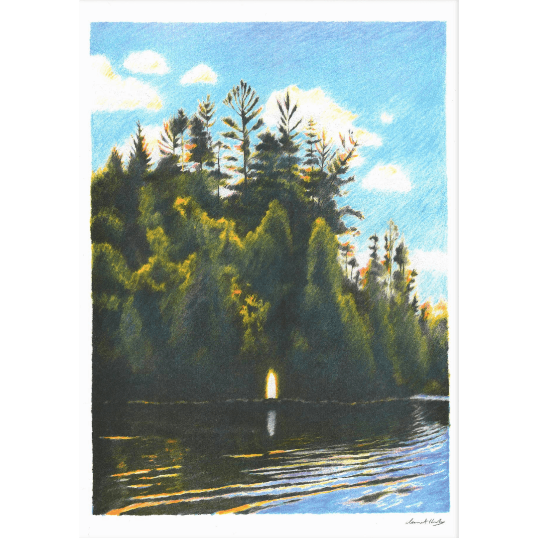 Painting of a serene lake scene with trees and a lake.