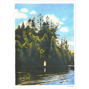 Painting of a serene lake scene with trees and a lake.