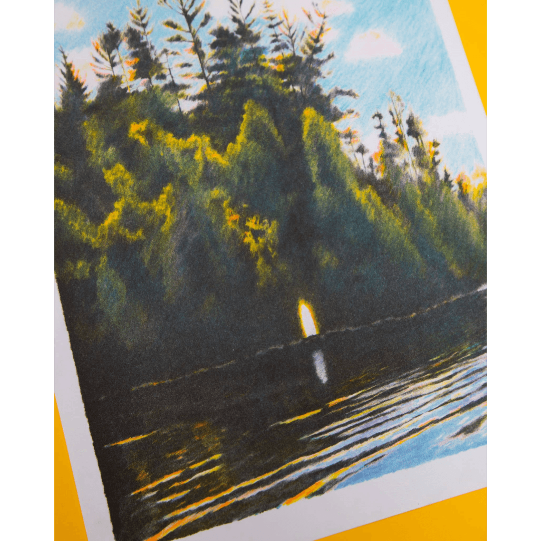 Close up of an Illustration of a forest scene with trees and water.