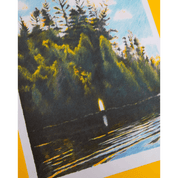 Close up of an Illustration of a forest scene with trees and water.