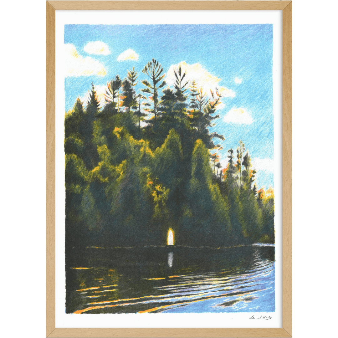 Framed painting of a serene landscape with trees and water.
