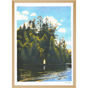 Framed painting of a serene landscape with trees and water.