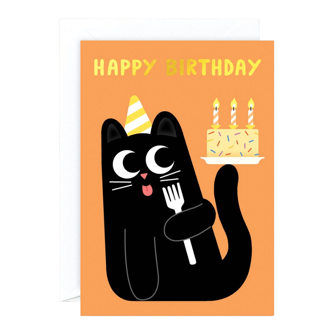 Birthday card with a black cat holding a fork, wearing a party hat, and looking at a birthday cake with candles on an orange background.
