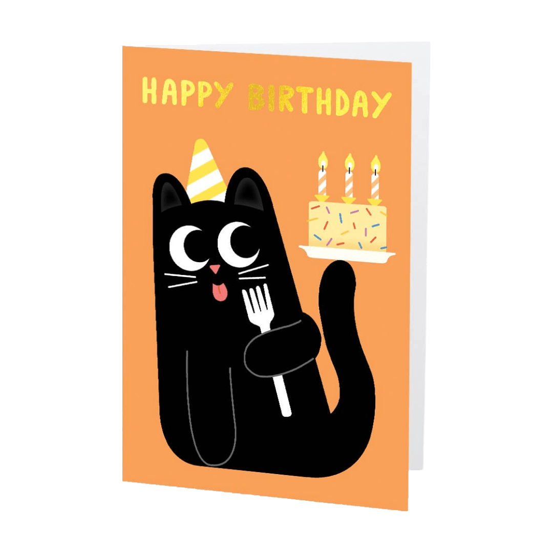 Birthday card with a black cat holding a cake and candles on an orange background
