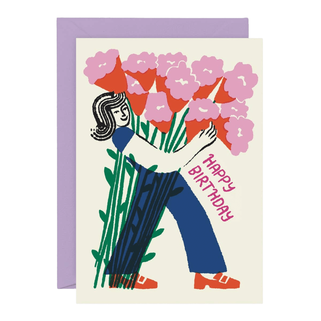 Greeting card with illustration of a person holding flowers and 'Happy Birthday' text, on a purple envelope.