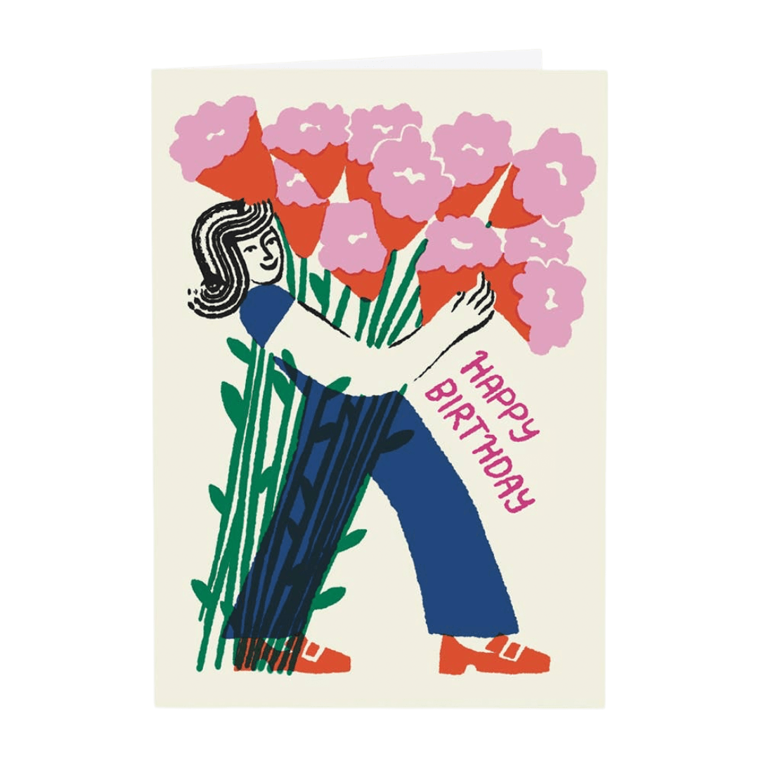 Illustration of a person holding flowers with 'Happy Birthday' text on a greeting card.