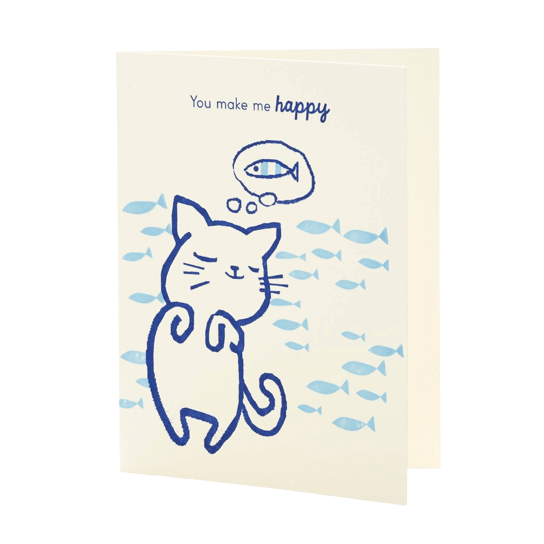 Card with a blue cat illustration and text 'You make me happy' on a beige background