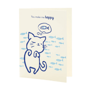 Card with a blue cat illustration and text 'You make me happy' on a beige background