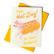 Birthday card with a hot dog illustration and text on a yellow envelope