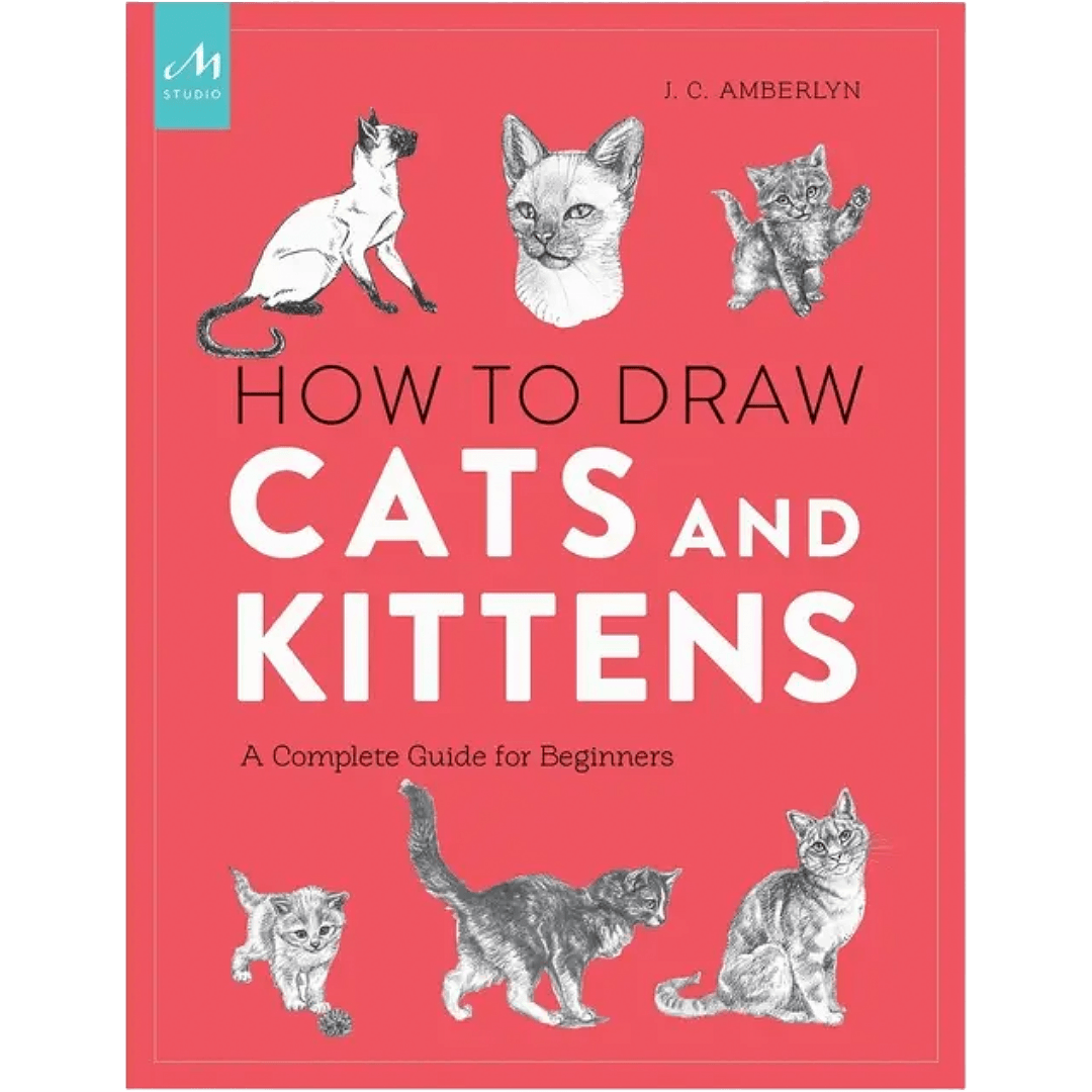 Book cover of 'How to Draw Cats and Kittens' with black and white illustrations of cats on a red background