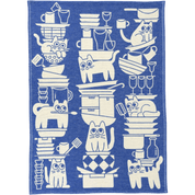 Blue towel with a white cat and kitchen item pattern.