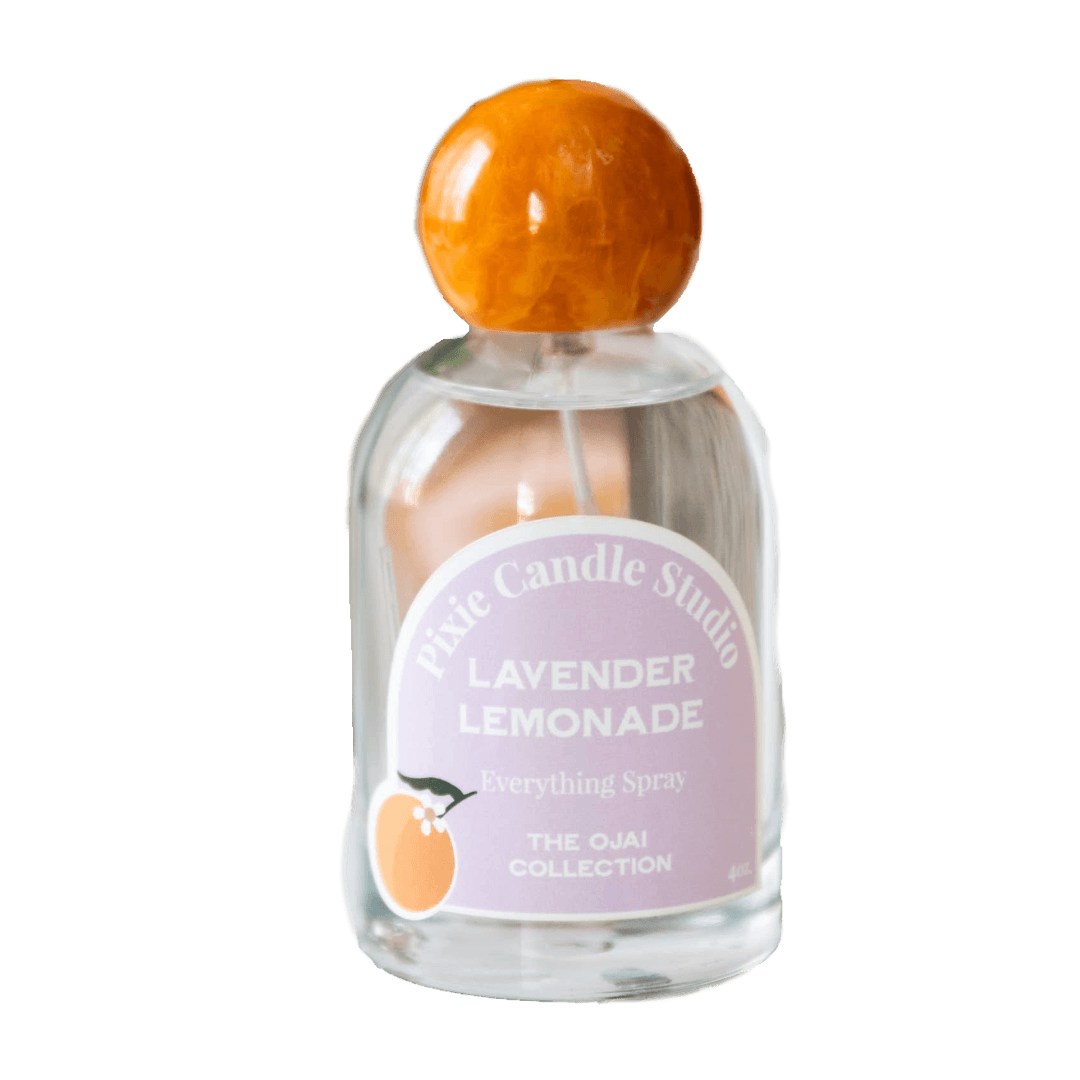 Clear glass bottle with orange cap labeled 'Lavender Lemonade'