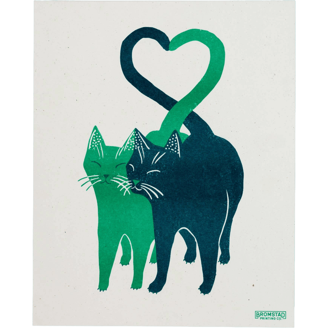 Two cats, one green and one blue, forming a heart shape on a white background.