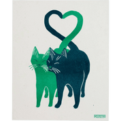 Two cats, one green and one blue, forming a heart shape on a white background.