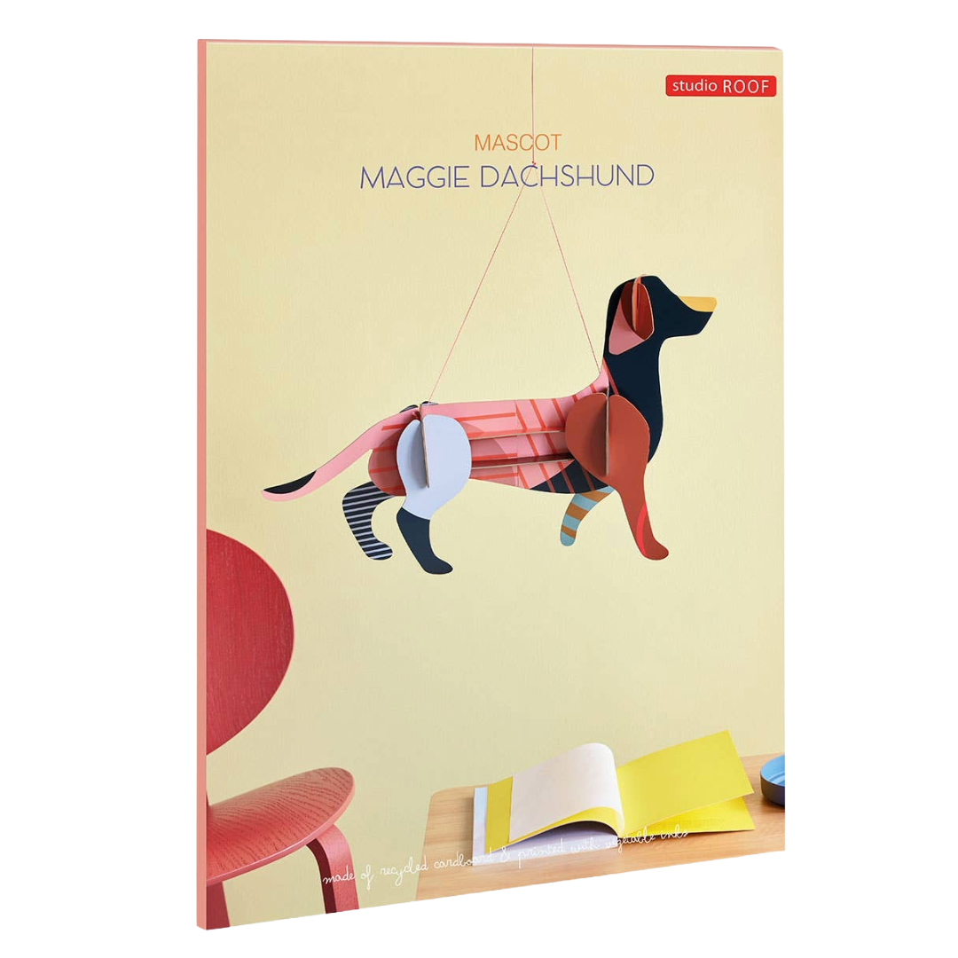 Product packaging with a dachshund illustration and 'studio ROOF' branding on a beige background.