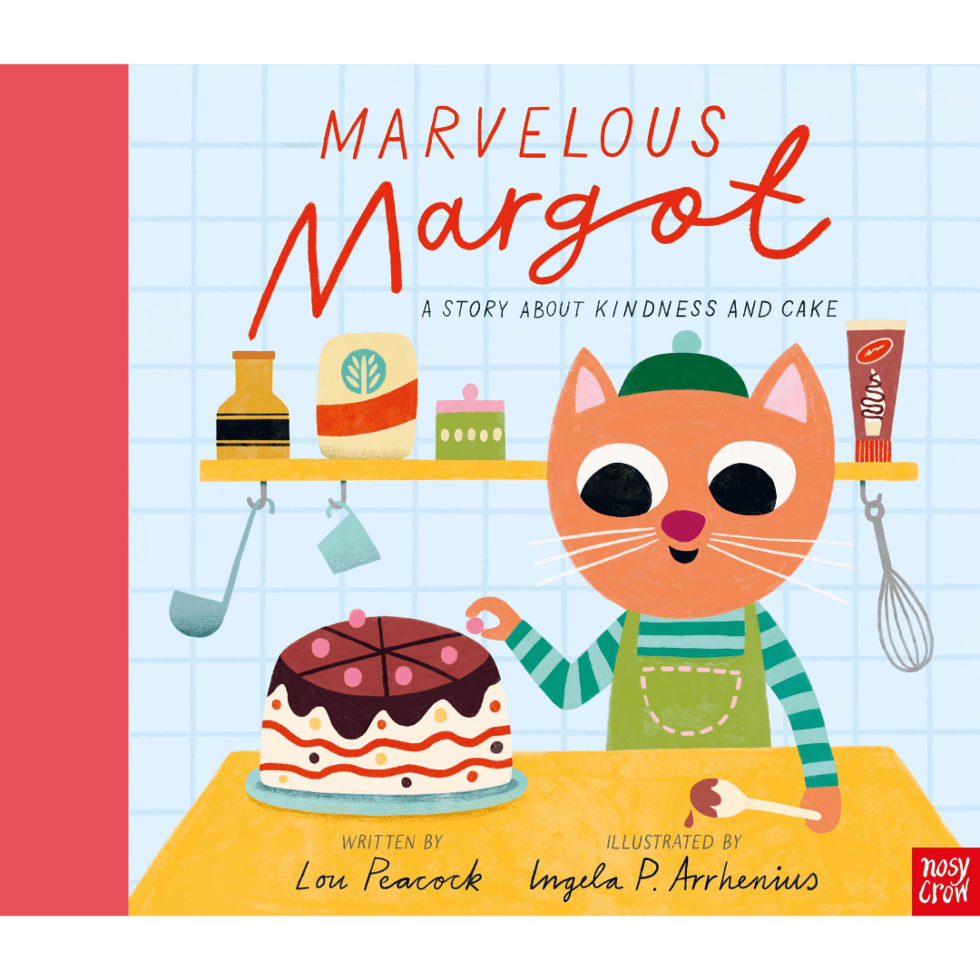 Book cover of 'Marvelous Margot' with a cat character and cake illustration.