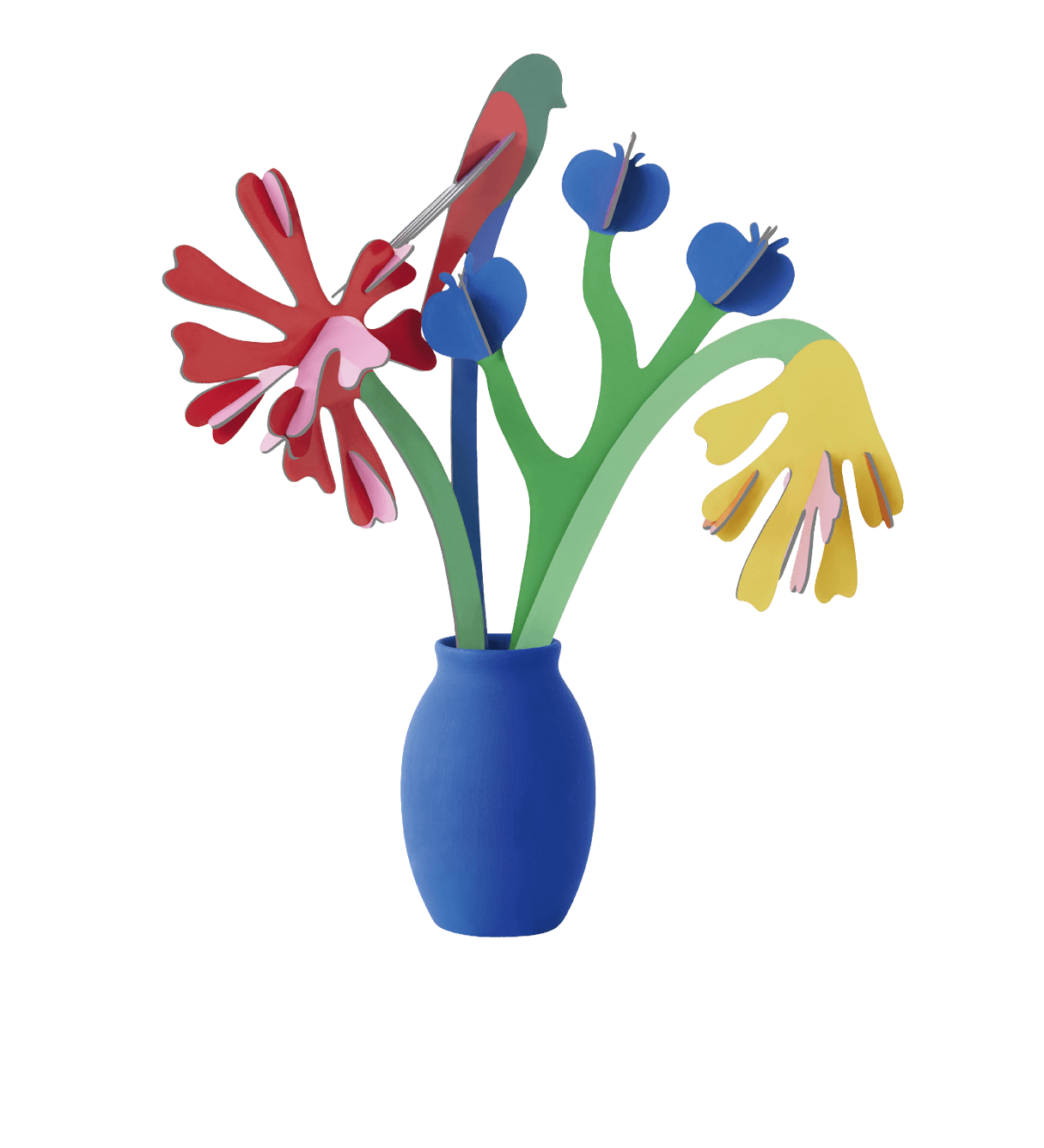 Colorful cardboard flowers in a blue vase 