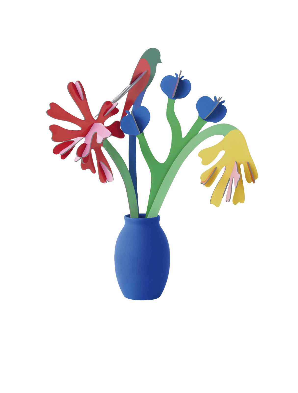 Colorful cardboard flowers in a blue vase 