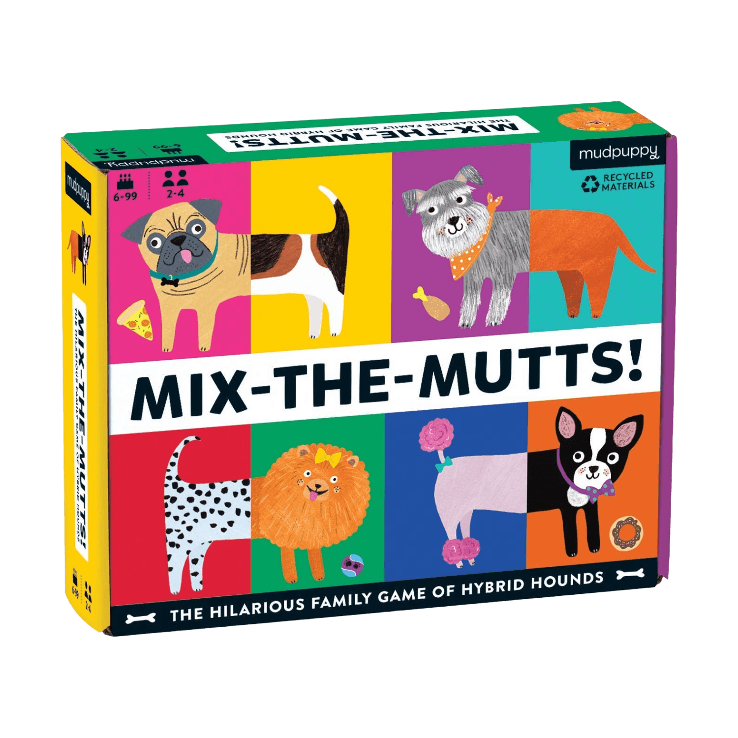 Board game box for 'Mix-the-Mutts!' with colorful illustrations of dogs on a colorful background.