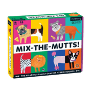Board game box for 'Mix-the-Mutts!' with colorful illustrations of dogs on a colorful background.