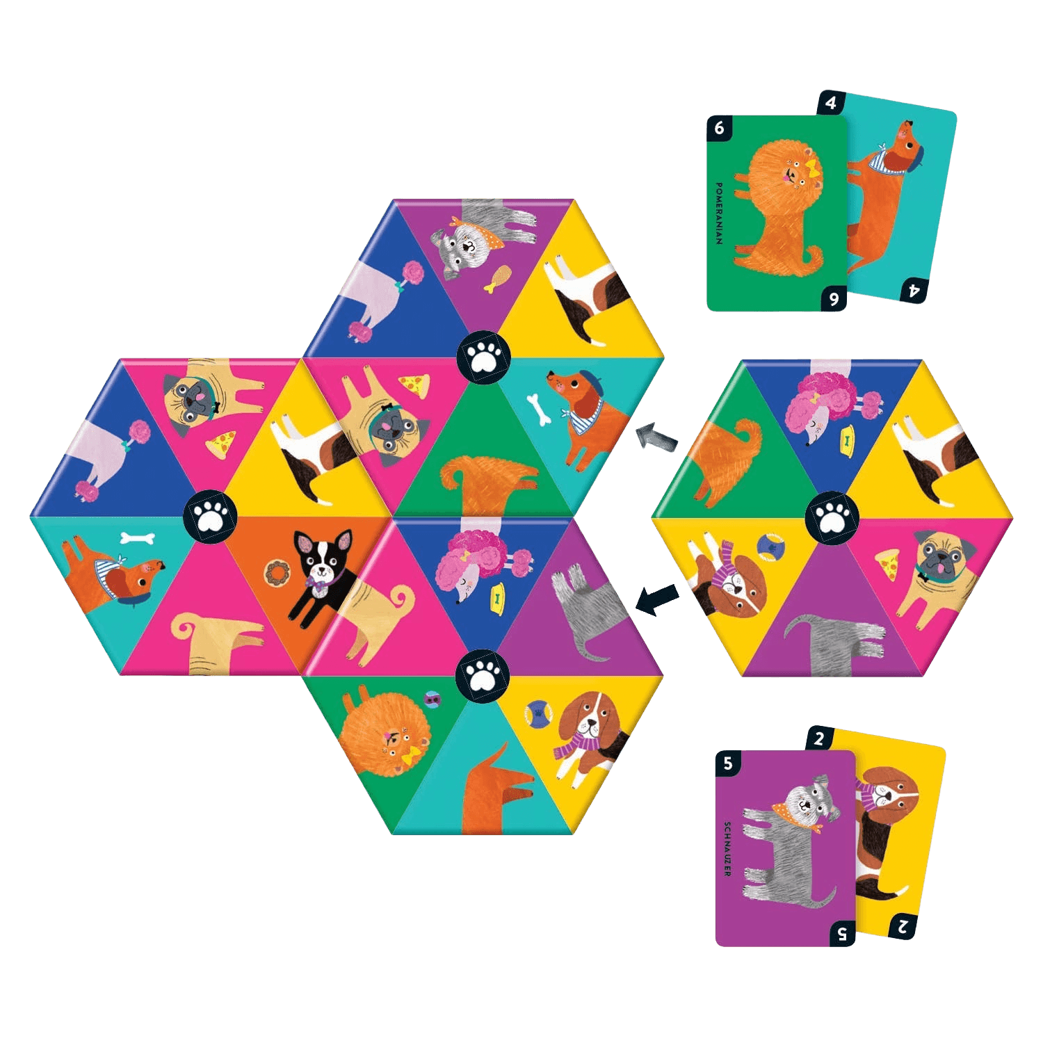 Hexagonal game board with colorful animal illustrations and matching cards.