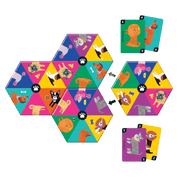 Hexagonal game board with colorful animal illustrations and matching cards.