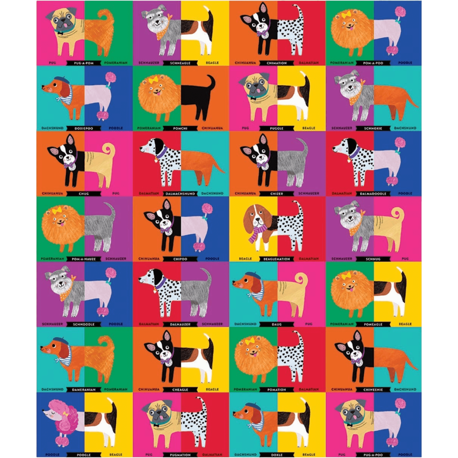 Pattern of cartoon dogs colorful grid background